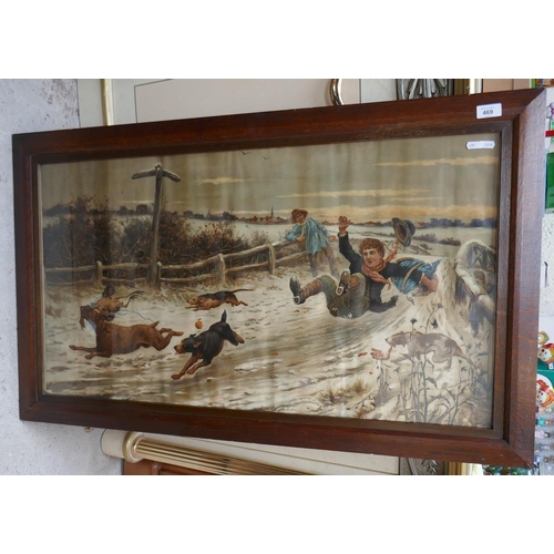 469 - Early 1900's print of boy on ice in original frame