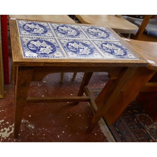 493 - Tile top oak table 