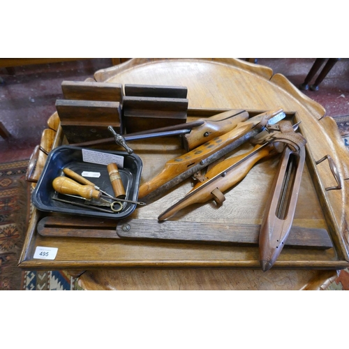 495 - Collection of wooden items to include antique Dutch skates weavers tools etc