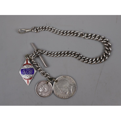 92 - Hallmarked silver Albert chain with silver coins and silver fob - Approx gross weight 89g