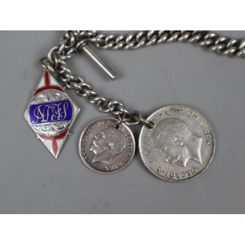 92 - Hallmarked silver Albert chain with silver coins and silver fob - Approx gross weight 89g