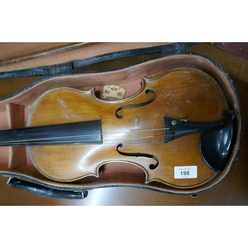 198 - Antique Violin by Harry Lye of Somerset with bow in case A/F