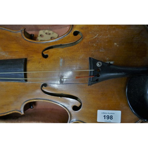 198 - Antique Violin by Harry Lye of Somerset with bow in case A/F