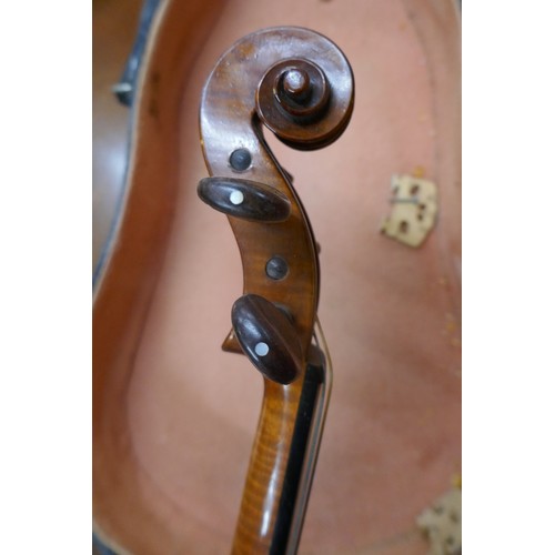 198 - Antique Violin by Harry Lye of Somerset with bow in case A/F