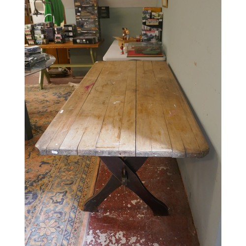 407 - Arts & Crafts cross stretcher refectory table - Approx size: L: 180cm W: 78cm H: 73cm