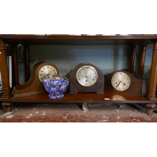 216 - 3 mantle clocks & a biscuit barrel 