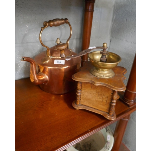 230 - Antique coffee grinder together with a copper kettle