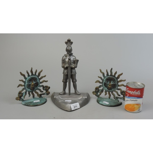 271 - Cast aluminium knight ashtray together with a pair of sun bookends