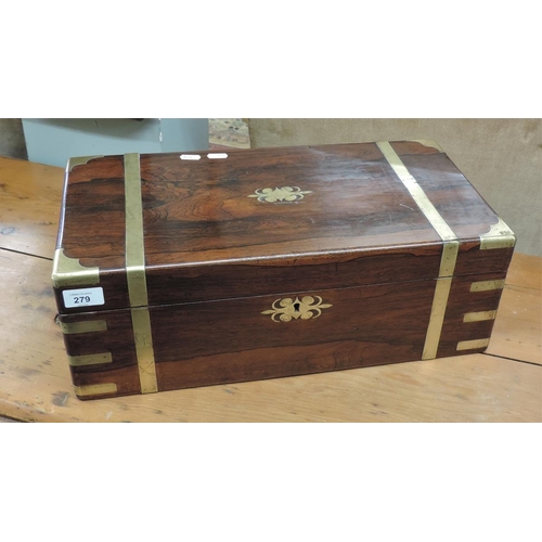 279 - Victorian brass bound writing box with 3 internal drawers