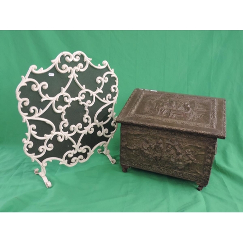 290 - Vintage cast aluminium fire screen together with a large embossed log box