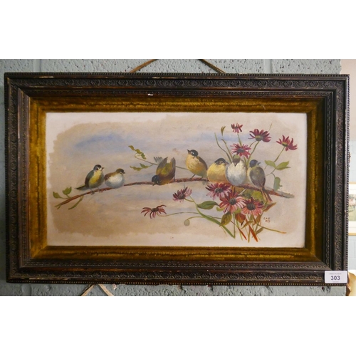 303 - Oil on milk glass of birds - L.A.E 1897 - Approx image size: 48cm x 25cm