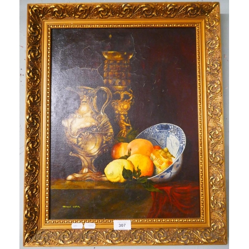 307 - Oil painting of a jug with fruit by Neville Lister in a gilt frame - Approx image size: 34cm x 44cm