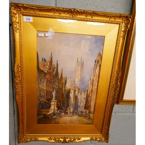 316 - Watercolour 19thC Bruges C. J. Keats - Approx image size: 31cm x 49cm