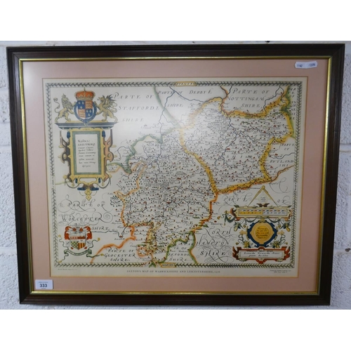 333 - Framed vintage map of Warwickshire & Leicestershire