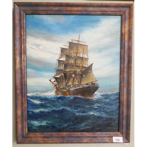 338 - Oil on canvas on board - Luca Papaluca Galleon at sea - Approx image size: 36cm x 46cm