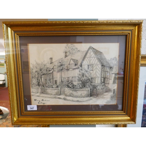 347 - Gilt framed pencil drawing - Mary Ardens Cottage - Approx image size: 34cm x 24cm