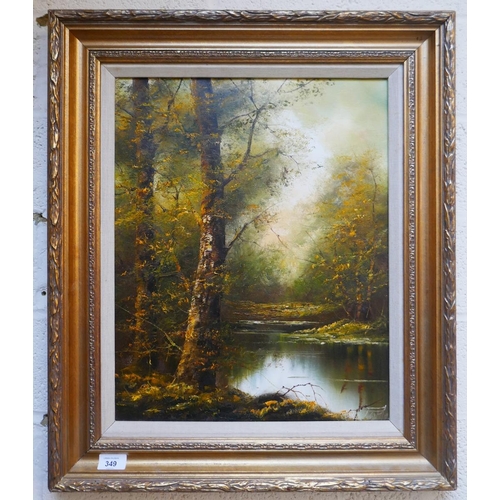 349 - Oil on canvas - Woodland scene - Approx image size: 39cm x 49cm