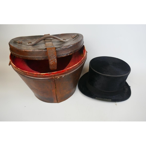 420 - Antique leather hat case to include hat