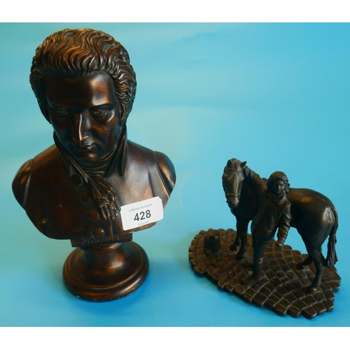 428 - Bust of Mozart together with a girl and pony figurine