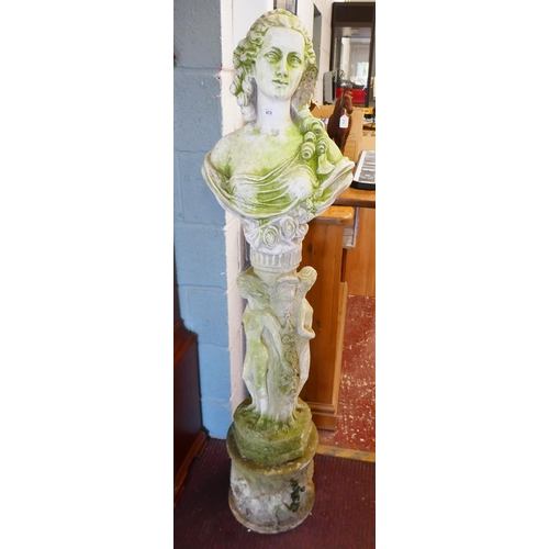 472 - Antique garden bust of maiden on plinth - Approx height: 148cm