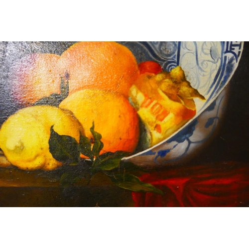 307 - Oil painting of a jug with fruit by Neville Lister in a gilt frame - Approx image size: 34cm x 44cm