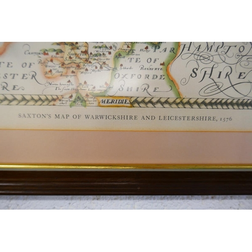 333 - Framed vintage map of Warwickshire & Leicestershire