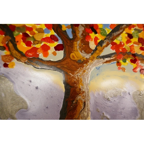 341 - Mixed media abstract autumn scene by Gloria Copson local Pershore artist - Approx image size: 39cm x... 