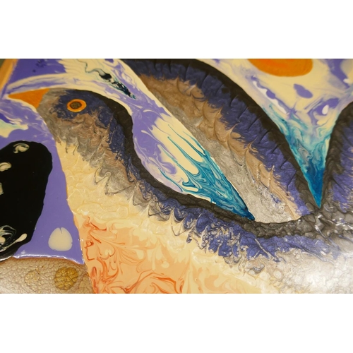 342 - Mixed media abstract painting of bird by Gloria Copson local Pershore artist - Approx image size: 39... 