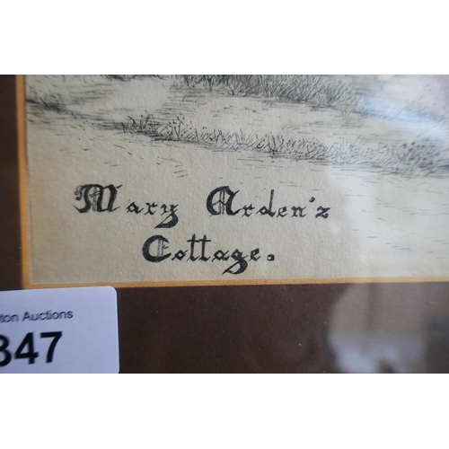 347 - Gilt framed pencil drawing - Mary Ardens Cottage - Approx image size: 34cm x 24cm