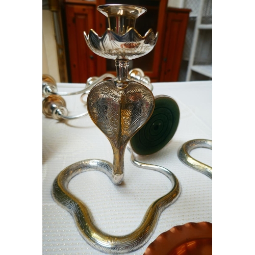 454 - Collection of metalware to include a pair of cobra candlesticks