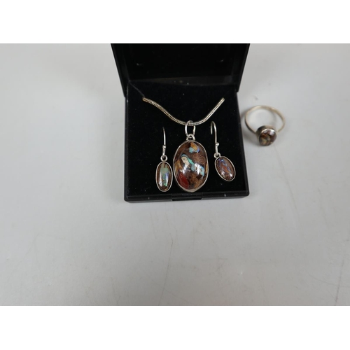 86 - Australian Koroit opal necklace with earrings & ring on silver