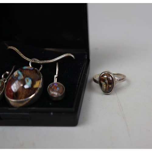 86 - Australian Koroit opal necklace with earrings & ring on silver