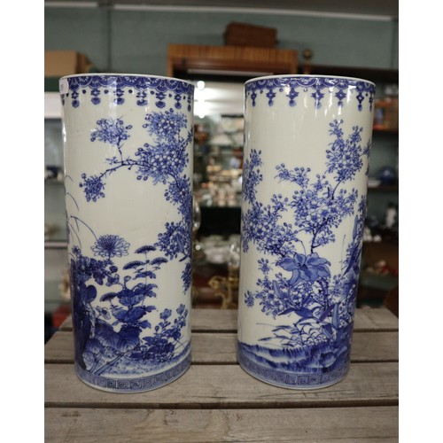 268 - Pair of blue and white Oriental brush pots - Approx height: 29cm