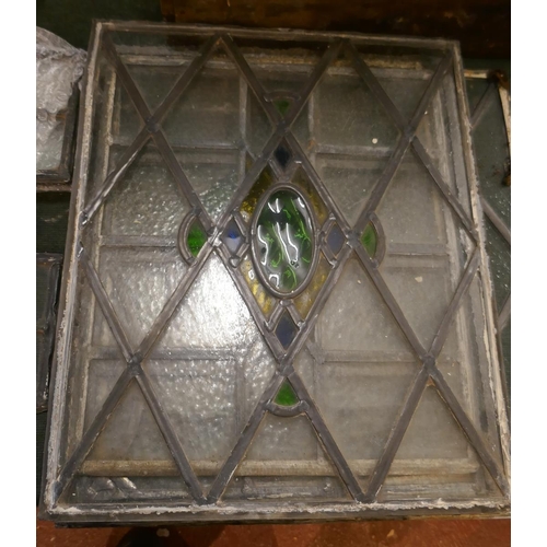 286 - Collection of reclaimed 1930s leaded light stained and clear windows together with a single bullseye... 