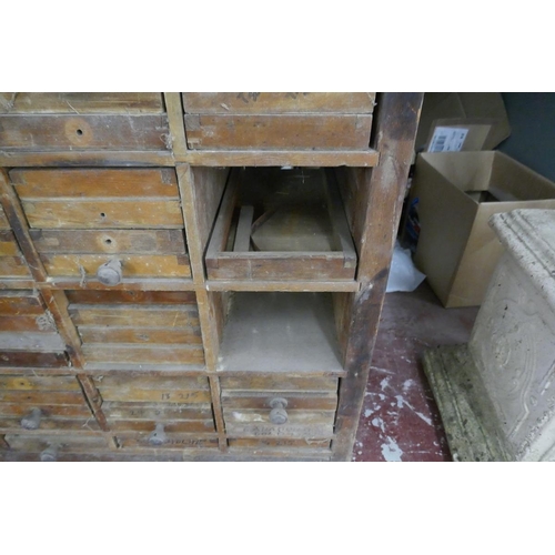 369 - Antique pitch pine multi-drawer printers cabinet - Approx. size W: 181cm D: 42cm H: 108cm