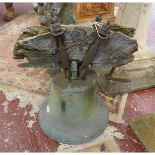 374 - Large Victorian bronze bell approx H: 35cm / 51cm including wood and attachments D: 35cm