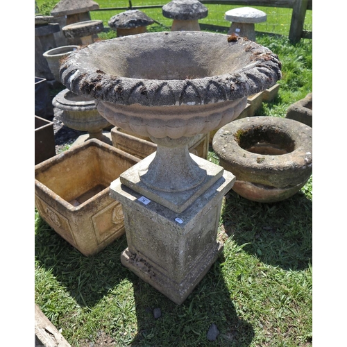 78 - Pair of stone planters on plinths - Approx height: 86cm