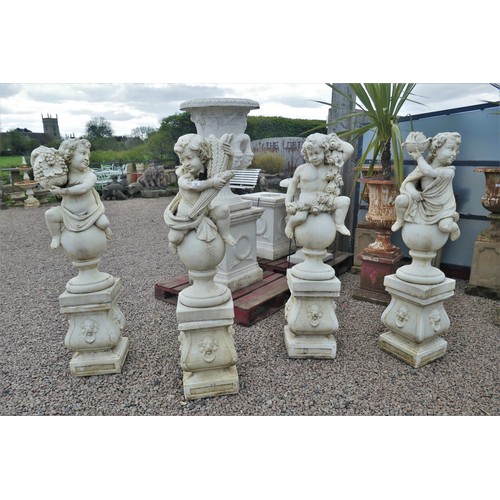 466 - Set of 4 large stone cherub statues on plinths - The Four Seasons - Approx height: 155cm