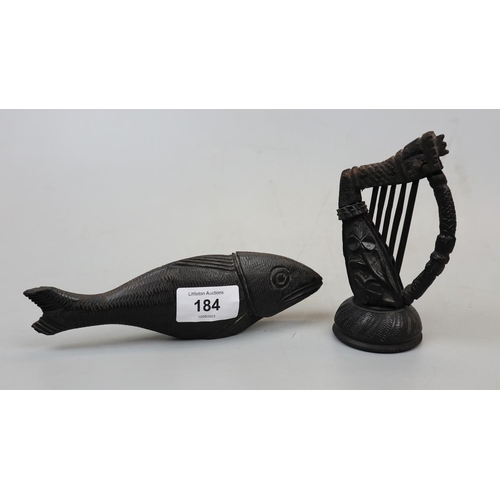 184 - Antique black Jet harp and fish