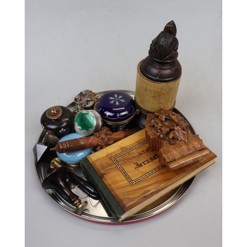 185 - Collectables to include silver, treen, cloisonné, pressed flower from Jerusalem etc