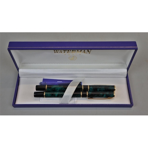 198 - Waterman green marble fountain pen set