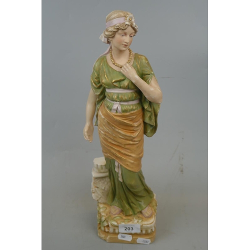 203 - Royal Dux porcelain figure of a classically dressed maiden. Late 19th C - Approx height: 40cm