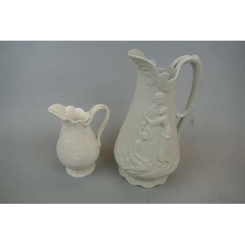 212 - Parian ware moulded jug with classical scene together with similar smaller example with moulded flor... 