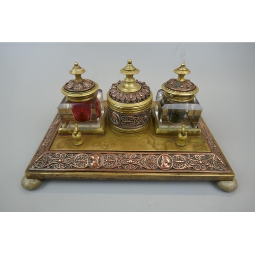 214 - 1880’s French copper & brass desk tidy to include cut glass ink wells