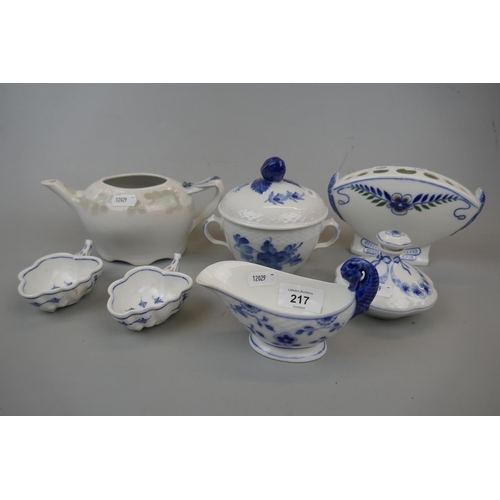 217 - Royal Copenhagen and Bing & Grøndahl various blue and white including scent bottle and fl... 