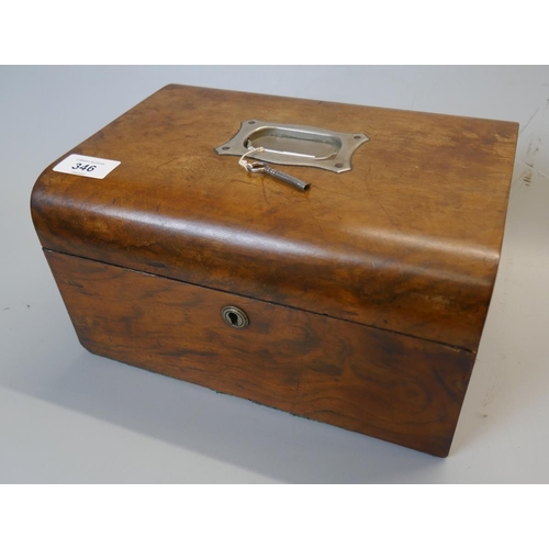 346 - Victorian walnut work box with lock and key