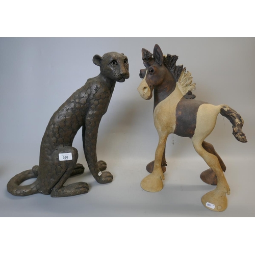 366 - Large figure of cat together with a horse - Approx height of tallest: 45cm