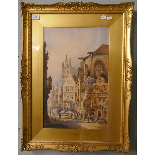 379 - Watercolour by C.J. Keats 'Louvain' - Approx image size: 32cm x 49cm