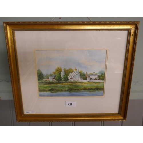 385 - Watercolour of a church - indestinct signature - Approx image size: 23cm x 16cm