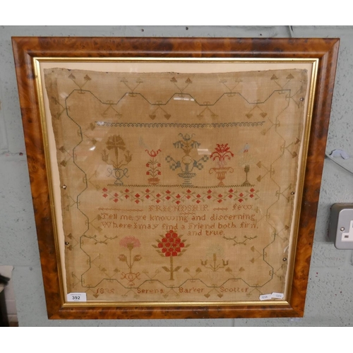 392 - Antique framed sampler 1836